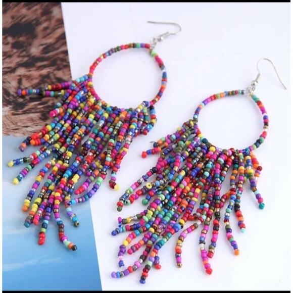 New Colorful Long Beaded Dangle Tassel Hook Earrings Multi Colors A0104 - Picture 9 of 15